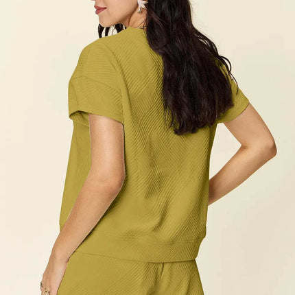 Double Take Full Size Texture Short Sleeve T-Shirt and Drawstring Shorts Set - MimiStylez