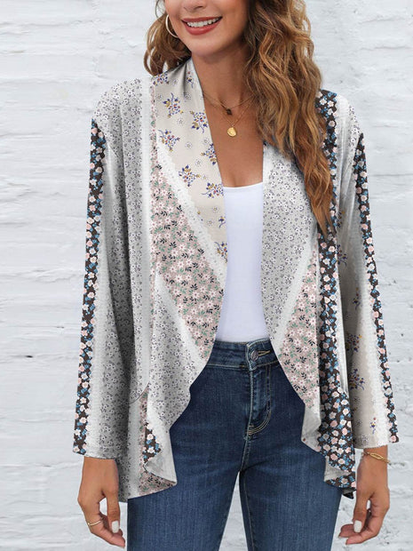Printed Open Front Long Sleeve Cardigan - MimiStylez