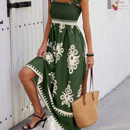 Smocked Printed Wide Strap Maxi Dress - MimiStylez