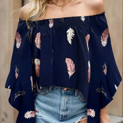 Feather Print Smocked Off-Shoulder Blouse - MimiStylez