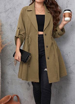 Plus Size Lapel Collar Drawstring Roll-Tab Sleeve Trench Coat - MimiStylez