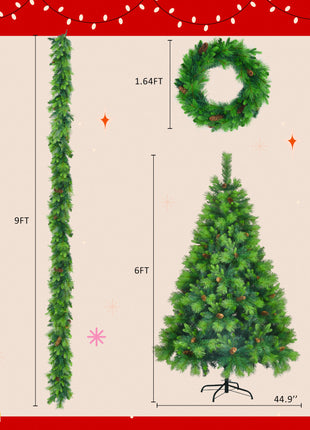 6FT Pre Lit Pine Christmas Tree With Pine Cones, Includes Pre Lit Garland and Wreath - 3PC Set