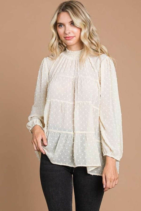 Culture Code Full Size Swiss Dot Smocked Mock Neck Blouse - MimiStylez