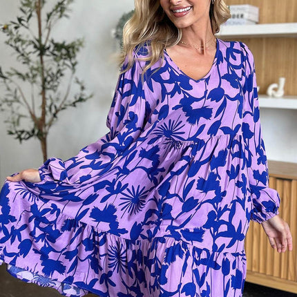 Double Take Full Size Printed Ruffle Hem Dress with Pocket - MimiStylez