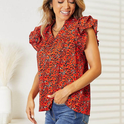 Double Take Floral Flutter Sleeve Notched Neck Blouse - MimiStylez