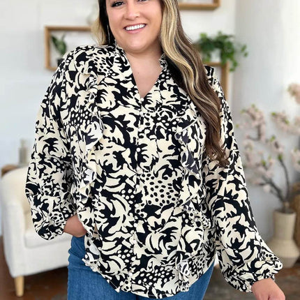 Double Take Full Size Printed Ruffle Trim Balloon Sleeve Shirt - MimiStylez