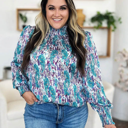Double Take Full Size Printed Smocked Long Sleeve Blouse - MimiStylez