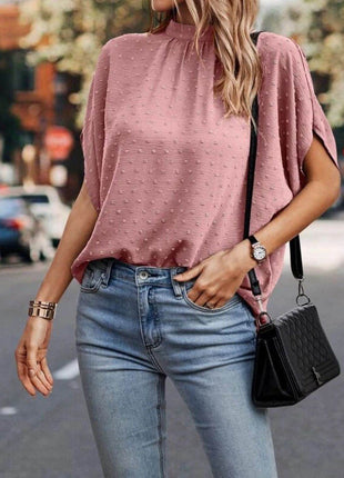 Swiss Dot Mock Neck Half Sleeve Blouse - MimiStylez