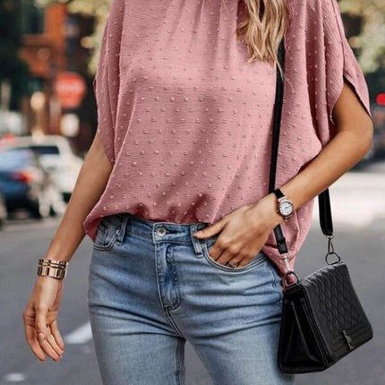 Swiss Dot Mock Neck Half Sleeve Blouse - MimiStylez