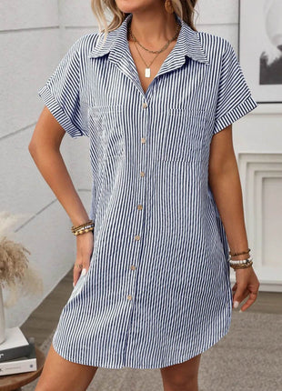 Striped Button Down Short Sleeve Mini Dress - MimiStylez