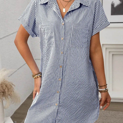 Striped Button Down Short Sleeve Mini Dress - MimiStylez