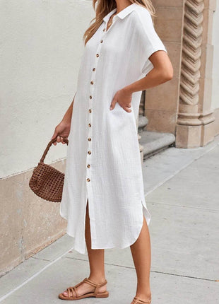 Button Down Short Sleeve Midi Shirt Dress - MimiStylez