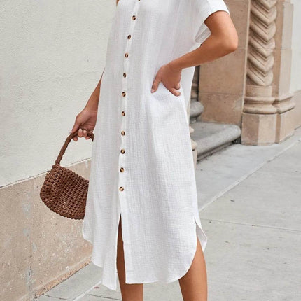 Button Down Short Sleeve Midi Shirt Dress - MimiStylez