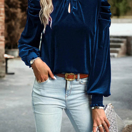 Tie Up Mock Neck Velvet Fabric Long Sleeve Blouse - MimiStylez