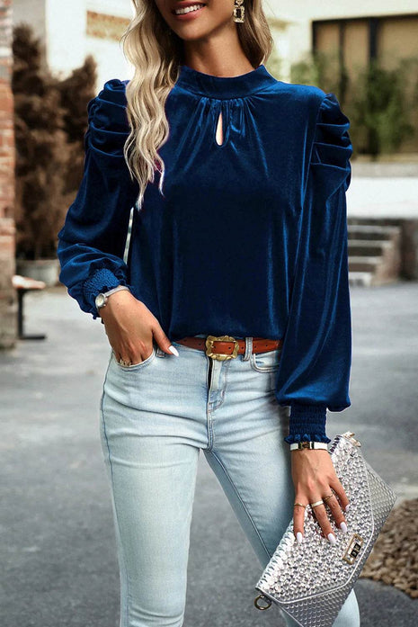 Tie Up Mock Neck Velvet Fabric Long Sleeve Blouse - MimiStylez