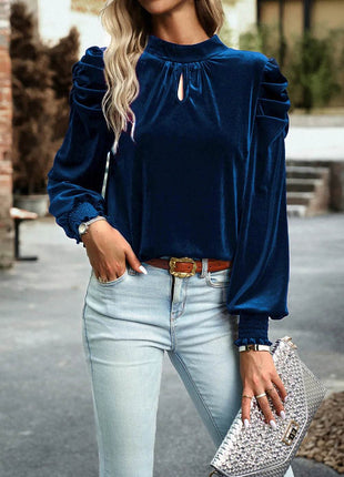 Tie Up Mock Neck Velvet Fabric Long Sleeve Blouse - MimiStylez