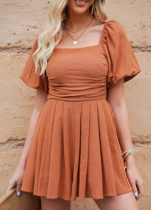 Square Neck Pleated Romper with Pockets - MimiStylez