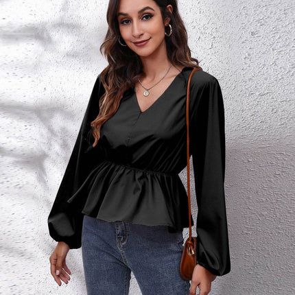V-Neck Balloon Sleeve Peplum Blouse - MimiStylez