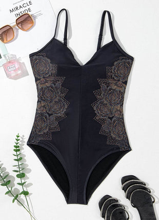 Embroidered V-Neck One-Piece Swimwear - MimiStylez