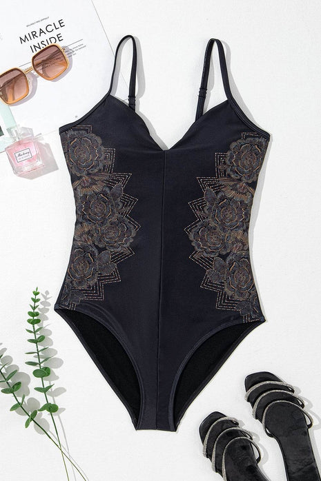 Embroidered V-Neck One-Piece Swimwear - MimiStylez