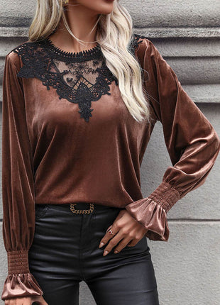 Lace Detail Round Neck Smocked Flounce Sleeve Blouse - MimiStylez