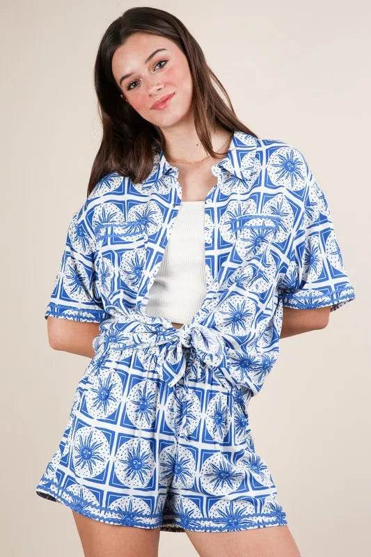 VERY J Full Size Tropical Printed Shirt Top and Shorts Set Plus Size - MimiStylez