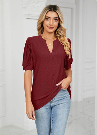 Eyelet Short Puff Sleeve Notched Neck Top - MimiStylez