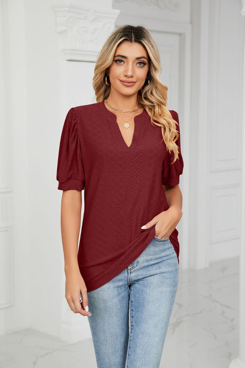 Eyelet Short Puff Sleeve Notched Neck Top