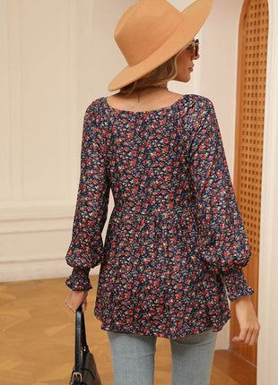 Printed V-Neck Lantern Sleeve Blouse - MimiStylez
