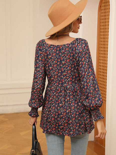 Printed V-Neck Lantern Sleeve Blouse - MimiStylez