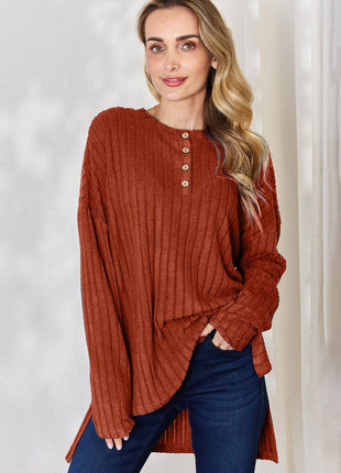 Basic Bae Full Size Ribbed Half Button Long Sleeve High-Low T-Shirt - MimiStylez