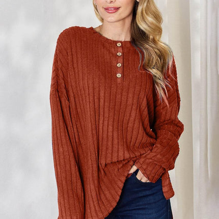 Basic Bae Full Size Ribbed Half Button Long Sleeve High-Low T-Shirt - MimiStylez