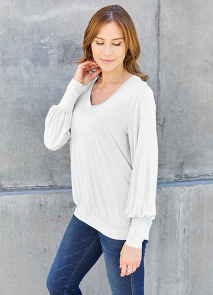 Basic Bae Full Size V-Neck Lantern Sleeve Blouse - MimiStylez