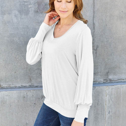 Basic Bae Full Size V-Neck Lantern Sleeve Blouse - MimiStylez
