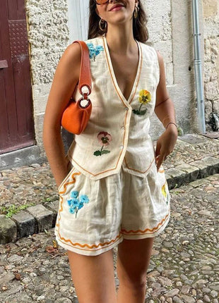 Embroidered V-Neck Vest and Shorts Set - MimiStylez