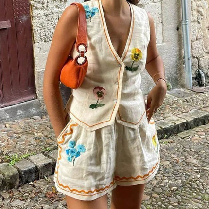 Embroidered V-Neck Vest and Shorts Set - MimiStylez