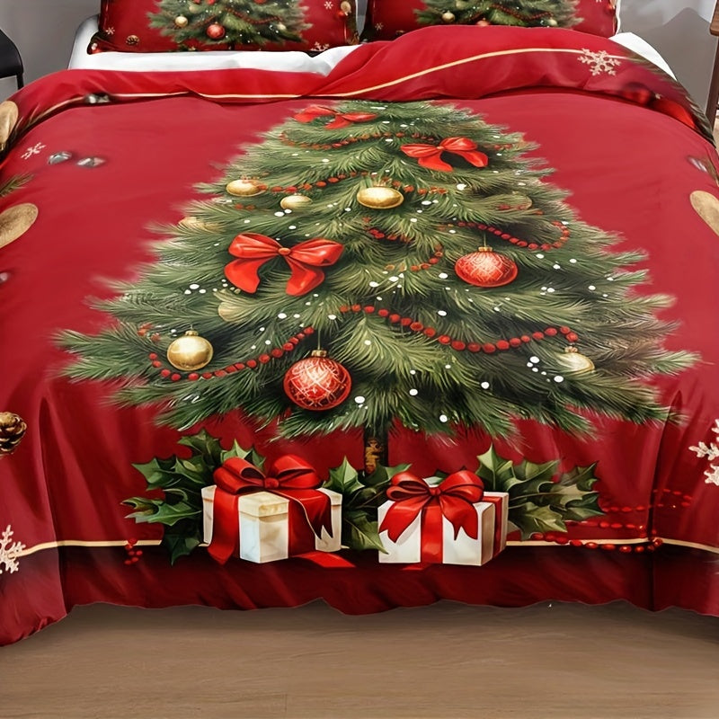 Christmas Tree and Gift Print 3PCS Comforter Set - Polyester Quilted Bedding, Soft Digital Printed Duvet with 2 Pillowcases, Machine Washable, Woven Craftsmanship - Festive Bedroom Decor