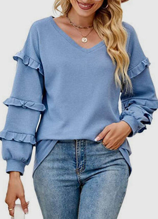 Ruffled V-Neck Long Sleeve T-Shirt - MimiStylez