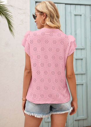 Eyelet Tie Neck Flutter Sleeve Blouse - MimiStylez