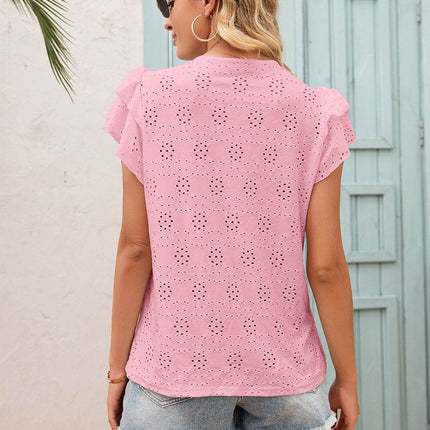 Eyelet Tie Neck Flutter Sleeve Blouse - MimiStylez