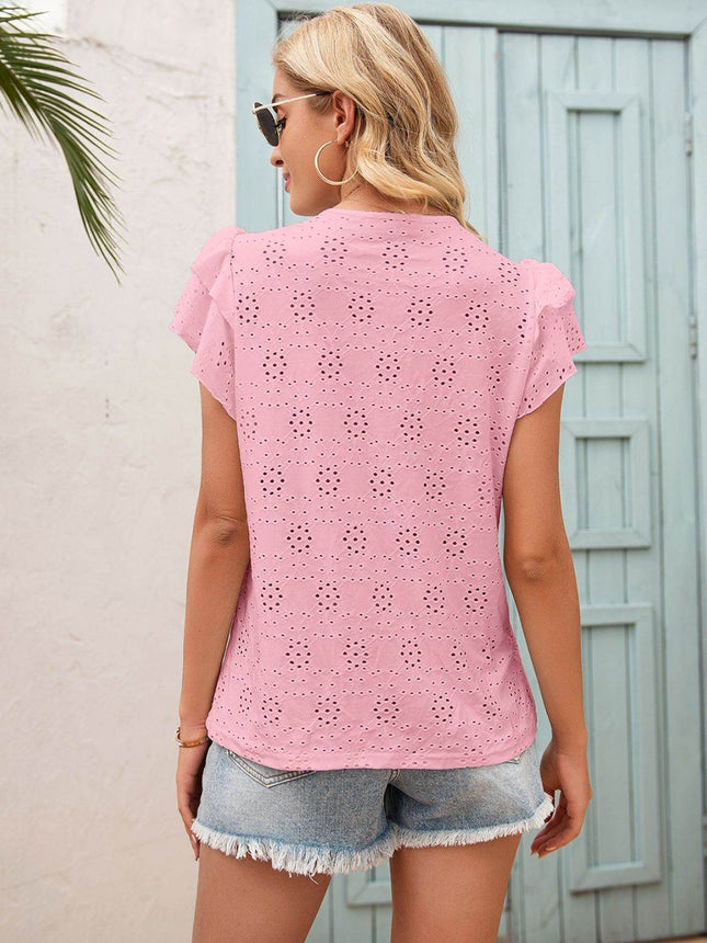 Eyelet Tie Neck Flutter Sleeve Blouse - MimiStylez