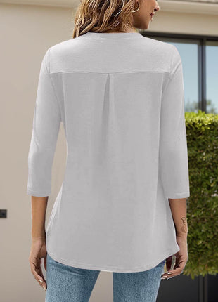 Notched Three-Quarter Sleeve T-Shirt - MimiStylez