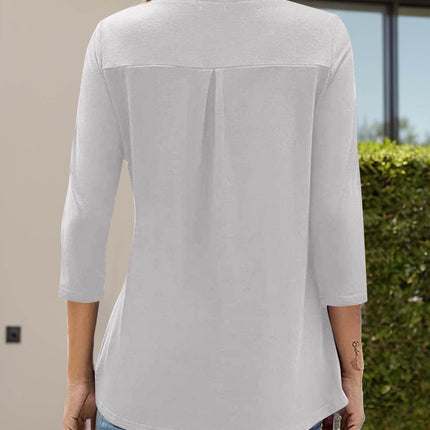 Notched Three-Quarter Sleeve T-Shirt - MimiStylez