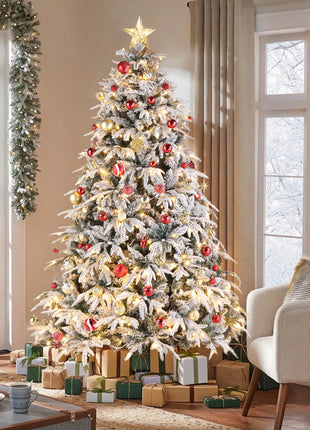 7ft Flocked Pre Lit Christmas Tree - Plush, 450 Lights, Warm Color 8 Mode, 1687 Branches