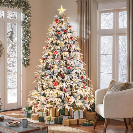 7ft Flocked Pre Lit Christmas Tree - Plush, 450 Lights, Warm Color 8 Mode, 1687 Branches
