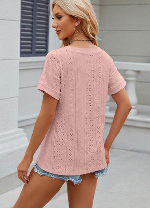 Eyelet V-Neck Short Sleeve T-Shirt - MimiStylez