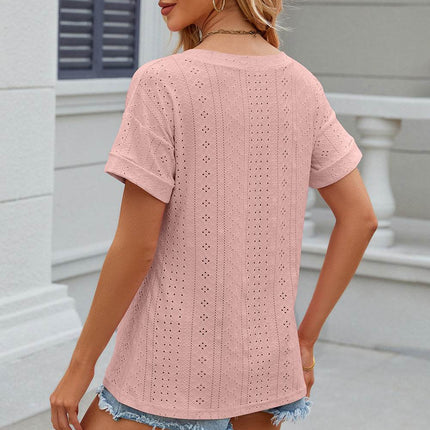 Eyelet V-Neck Short Sleeve T-Shirt - MimiStylez