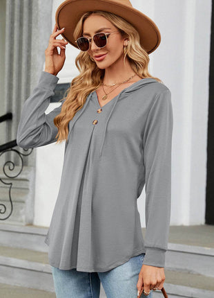 Decorative Button Drawstring Long Sleeve Hoodie - MimiStylez