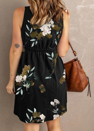 Double Take Printed Scoop Neck Sleeveless Buttoned Magic Dress with Pockets - MimiStylez