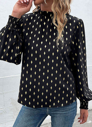 Geometric Print Frill Neck Lantern Sleeve Blouse - MimiStylez